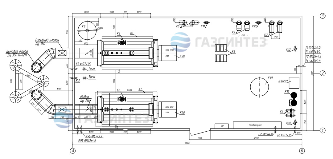 Компоновочная схема блочно-модульной котельной мощностью 2000 кВт производства ГазСинтез
